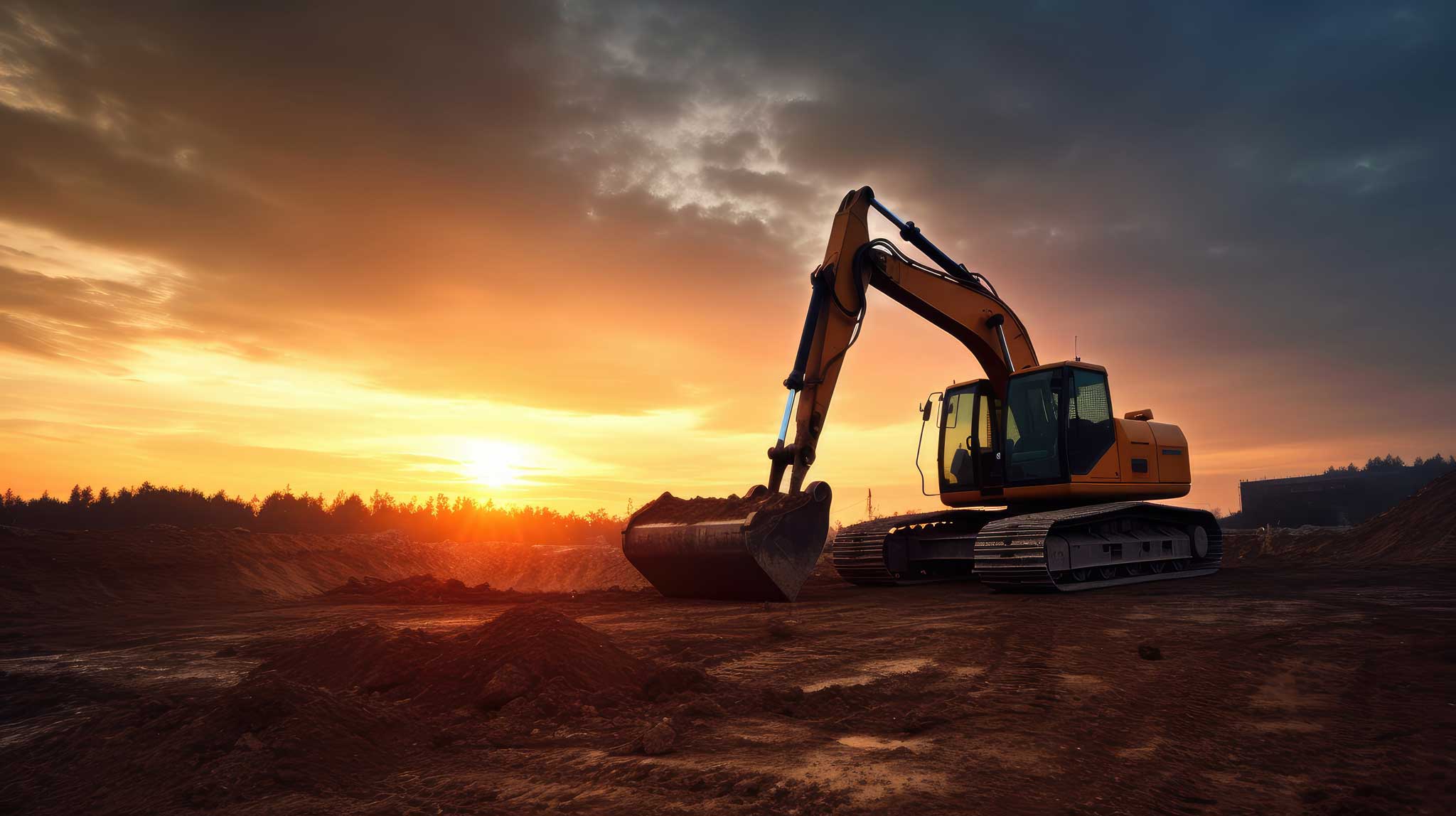 excavator working at sunset